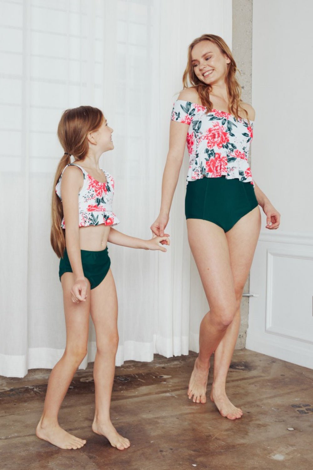 Marina West Swim - Floral Print Off - Shoulder Peplum Tankini in Peony White