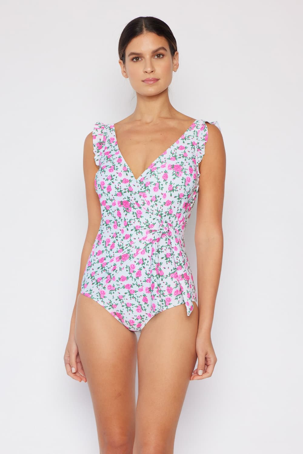 Marina West Swim - Floral Print Ruffle Trim Faux Wrap One - Piece Swimsuit