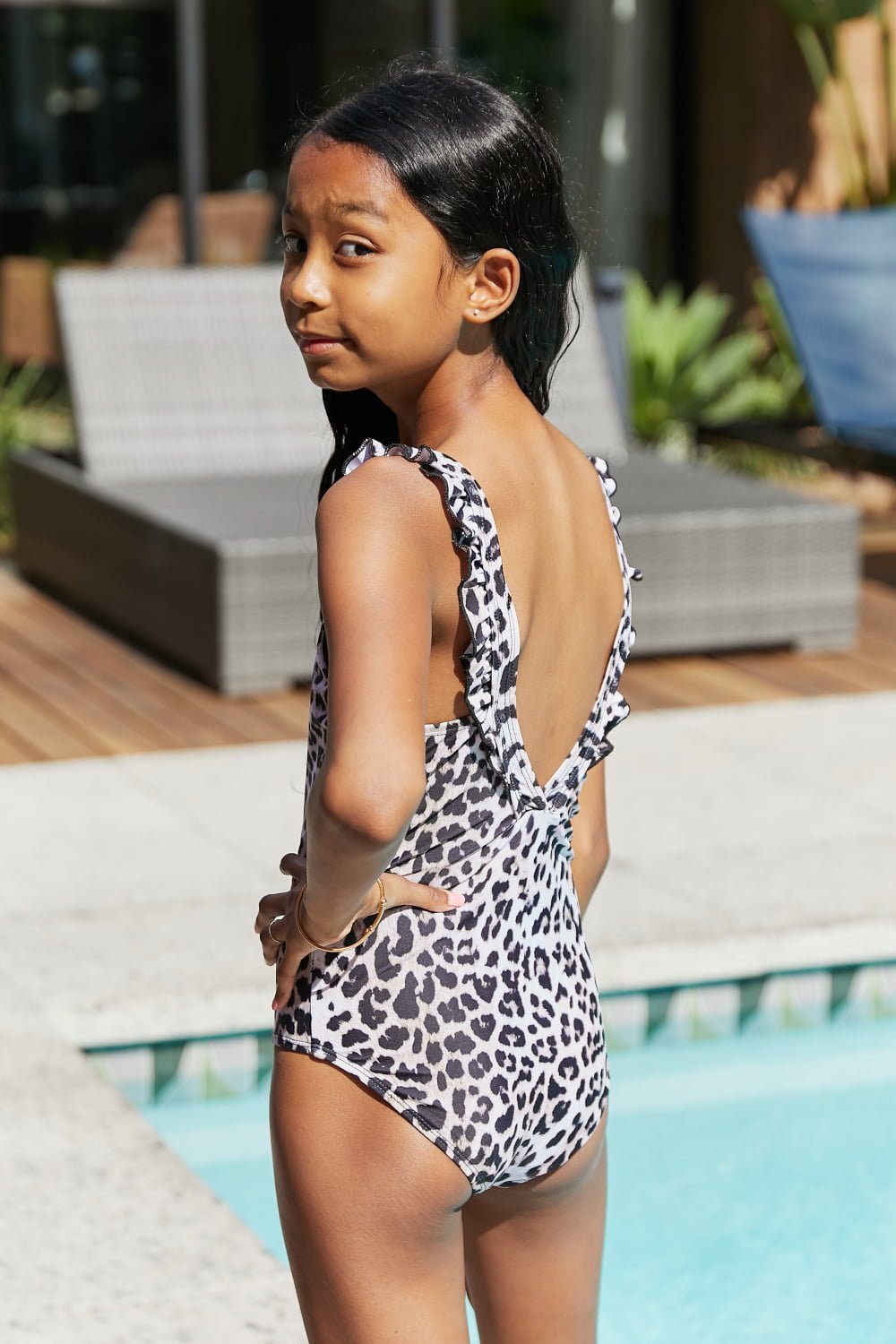 Marina West Swim - Girl's Leopard Print Ruffle Trim One - Piece Swimsuit