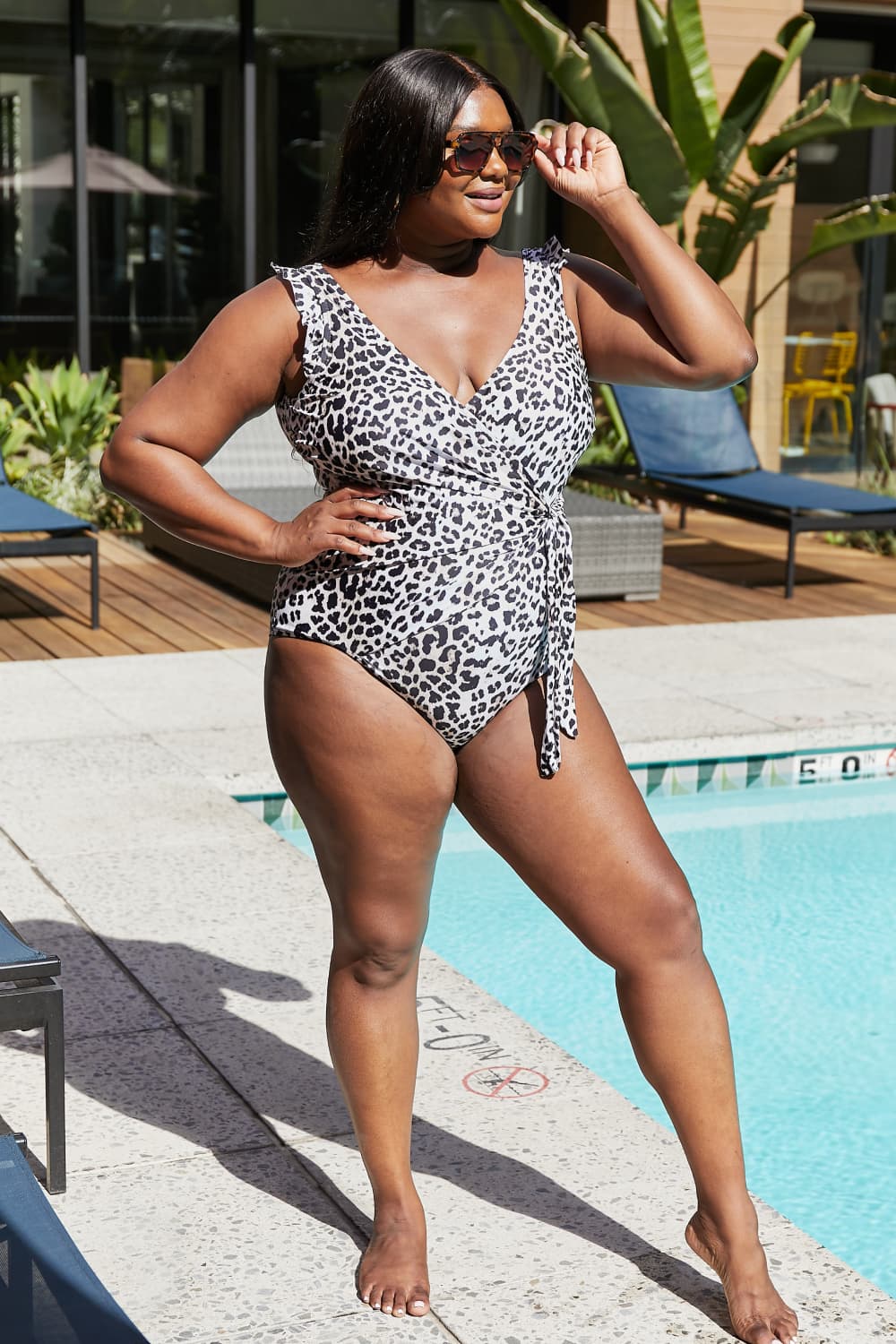 Marina West Swim - Leopard Print Ruffle Trim Faux Wrap One - Piece Swimsuit