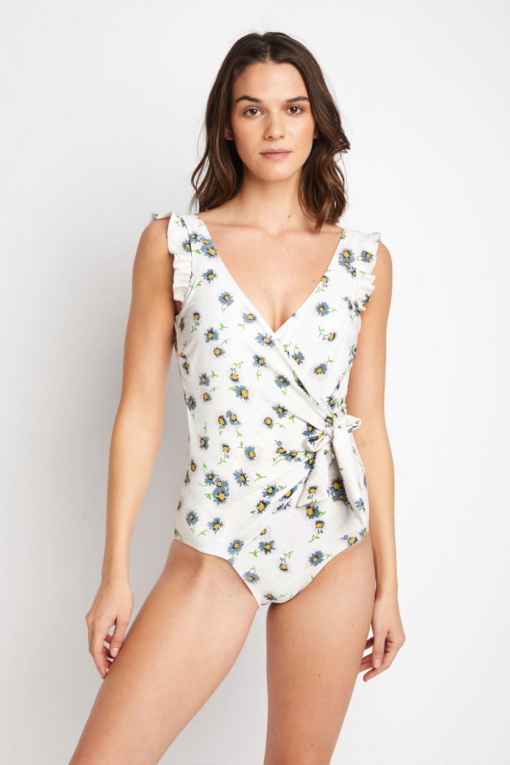 Marina West Swim - Ruffle Trim Faux Wrap One - Piece Swimsuit in Daisy Cream