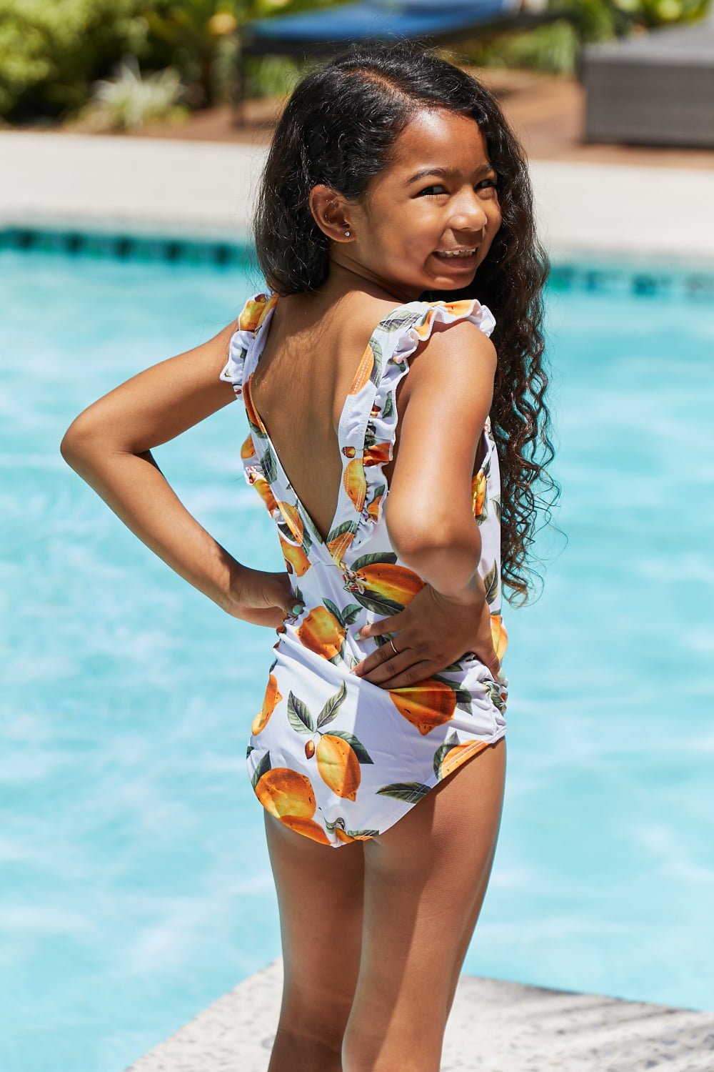 Marina West Swim - Ruffle Trim Girl's One - Piece Swimsuit in Citrus Orange