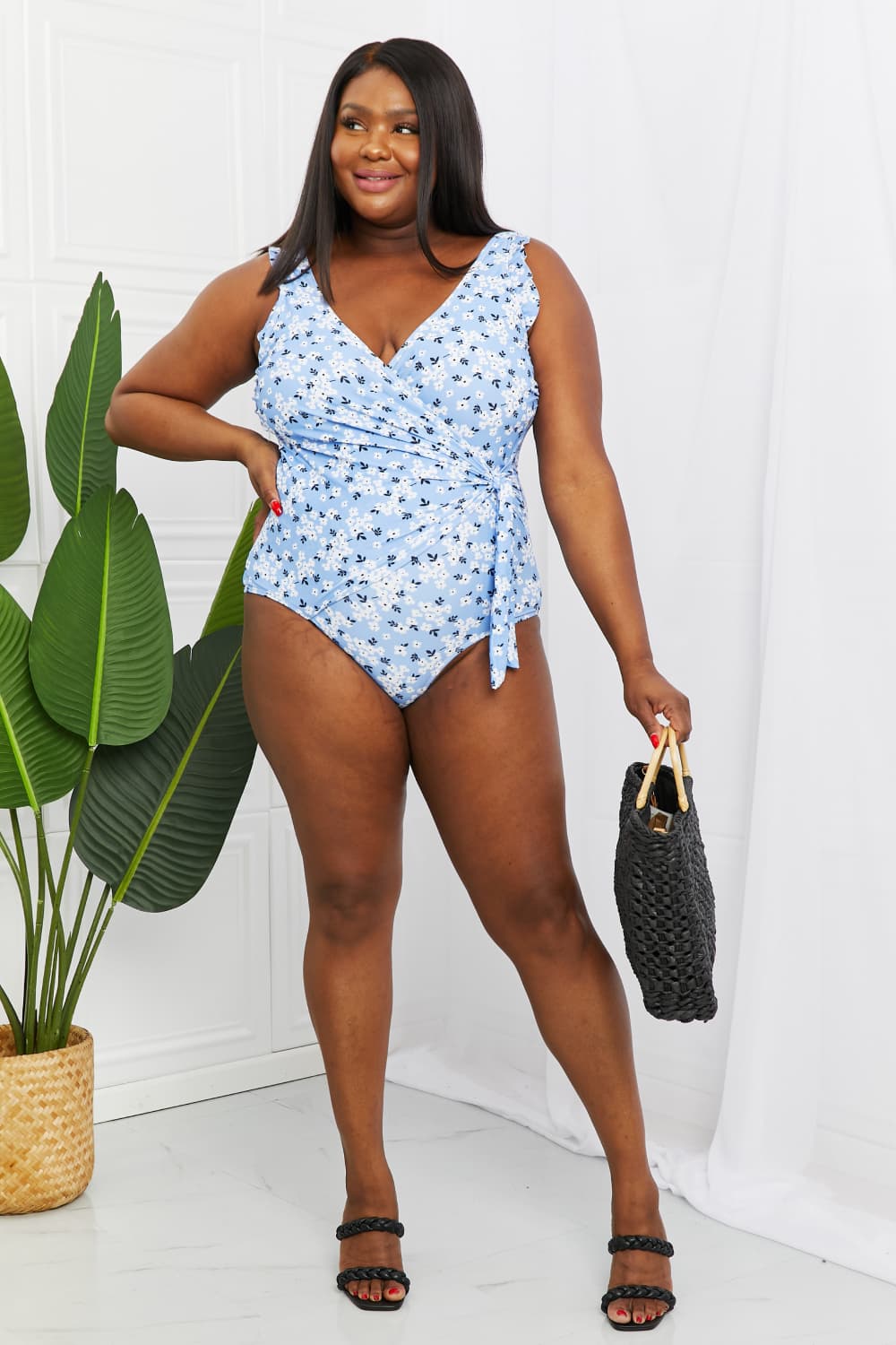 Marina West SwimBlue Floral Ruffle Faux Wrap One - Piece Swimsuit