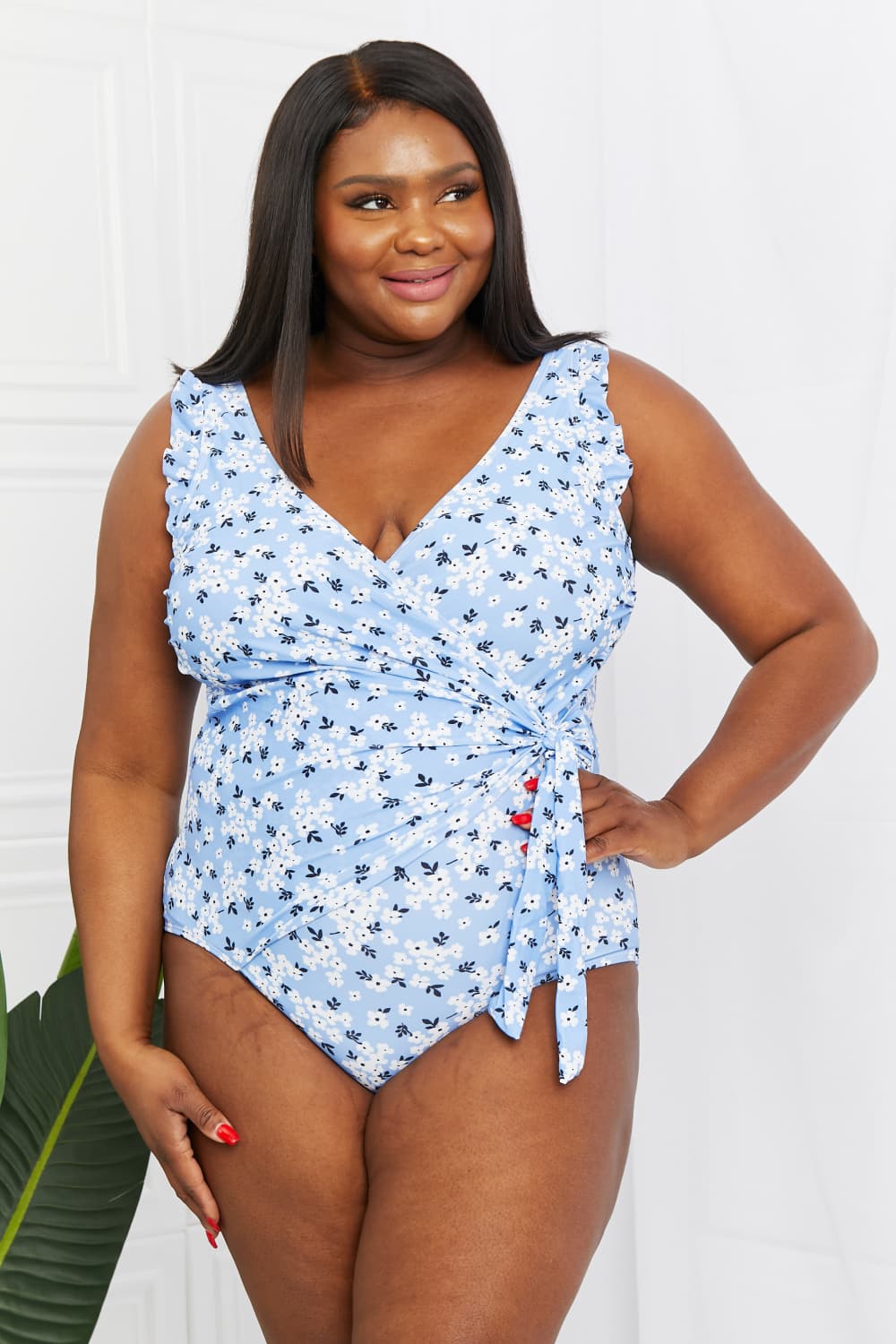 Marina West SwimBlue Floral Ruffle Faux Wrap One - Piece Swimsuit