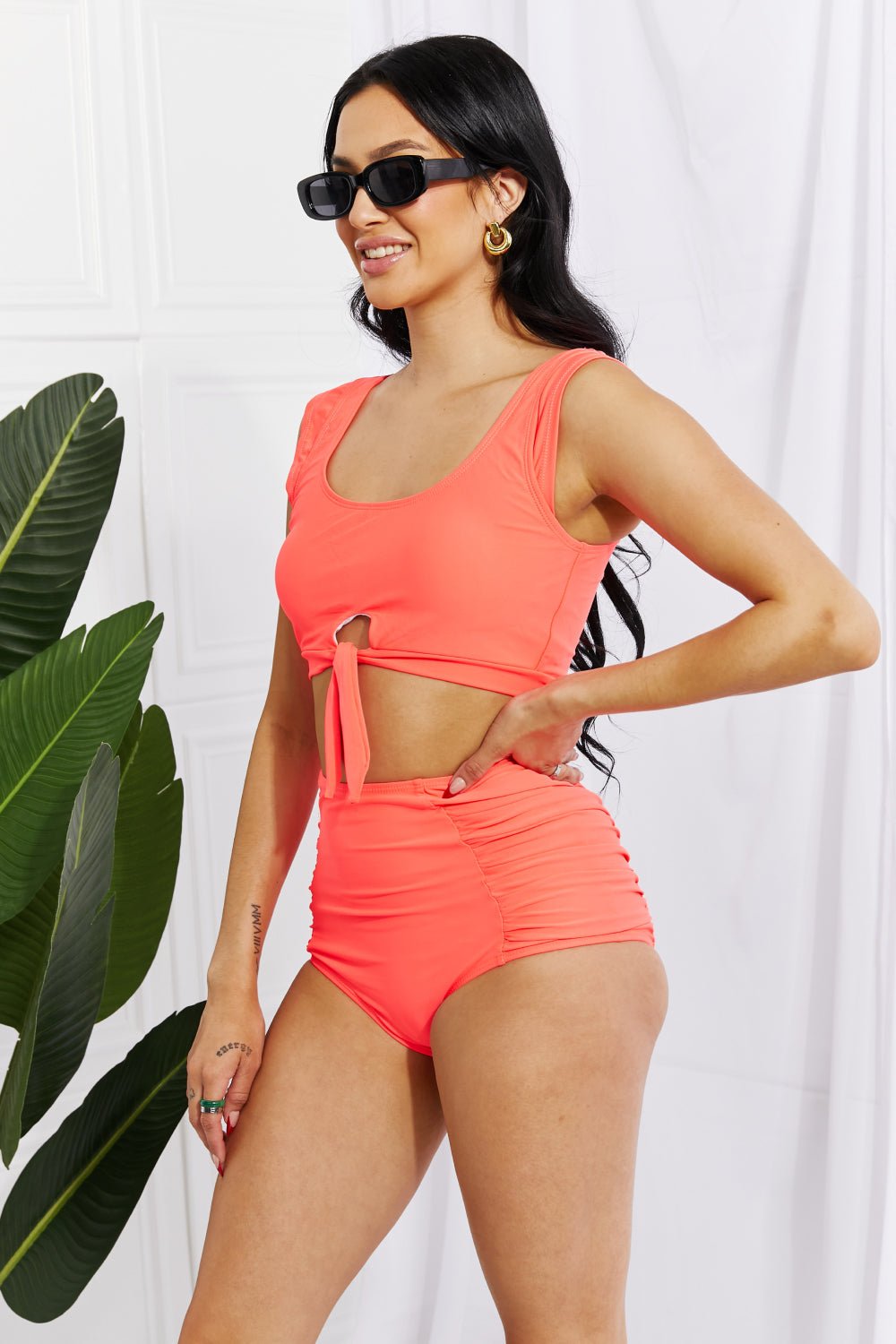 Marina West SwimCrop Swim Top and Ruched Bottoms Bikini in Coral