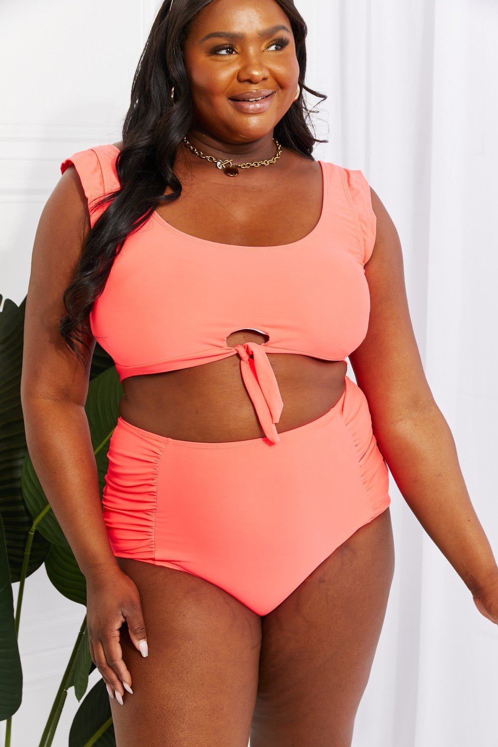 Marina West SwimCrop Swim Top and Ruched Bottoms Bikini in Coral