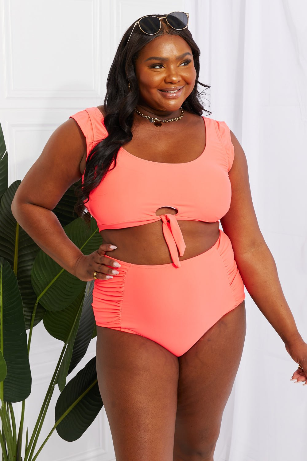 Marina West SwimCrop Swim Top and Ruched Bottoms Bikini in Coral