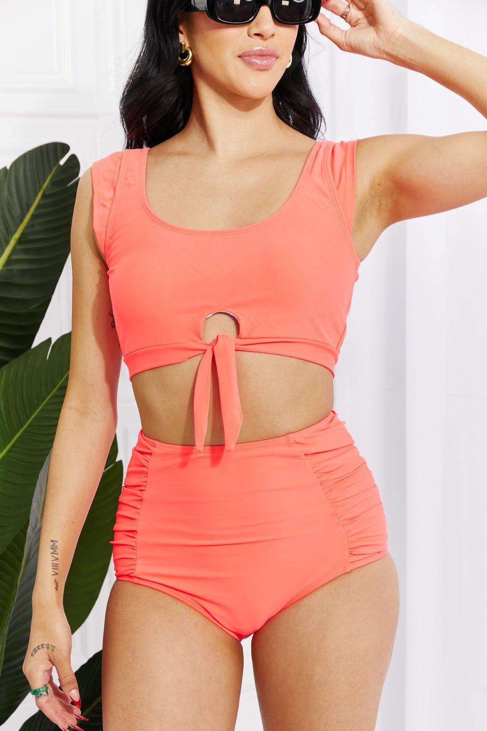 Marina West SwimCrop Swim Top and Ruched Bottoms Bikini in Coral