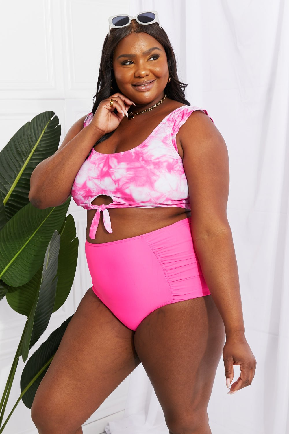 Marina West SwimCrop Swim Top and Ruched Bottoms Bikini in Hot Pink