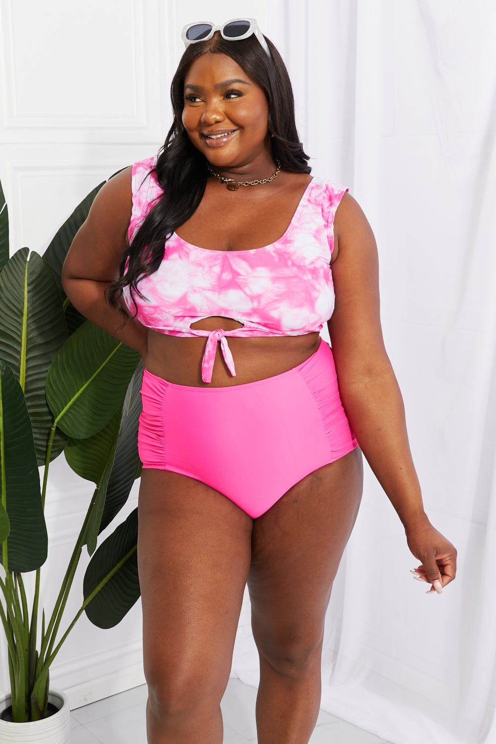 Marina West SwimCrop Swim Top and Ruched Bottoms Bikini in Hot Pink