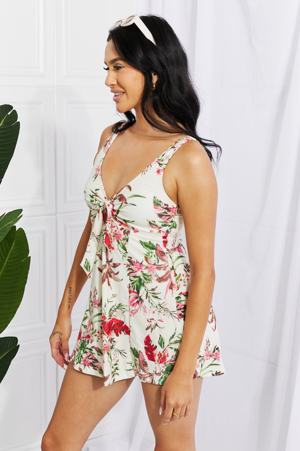 Marina West SwimFloral V - Neck Swim Dress in Cream