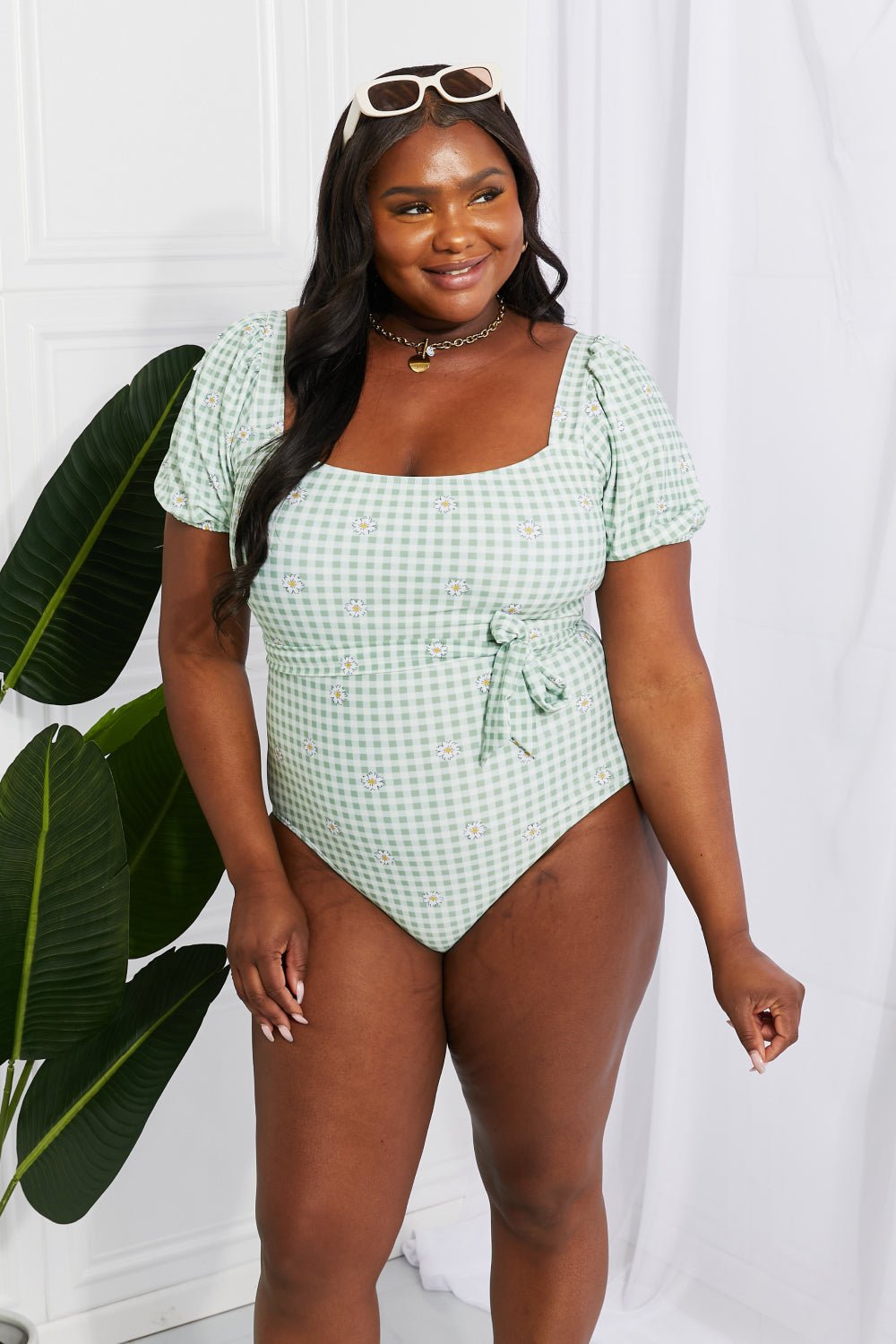 Marina West SwimPuff Sleeve One - Piece Gingham Plaid Floral Swimsuit in Light Green