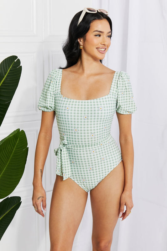 Marina West SwimPuff Sleeve One - Piece Gingham Plaid Floral Swimsuit in Light Green