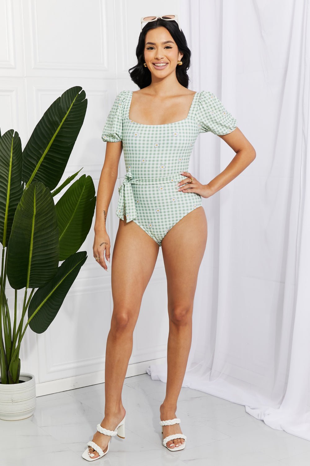 Marina West SwimPuff Sleeve One - Piece Gingham Plaid Floral Swimsuit in Light Green