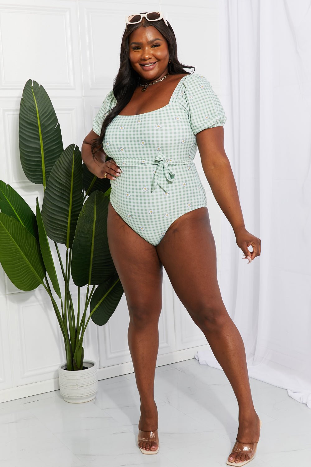 Marina West SwimPuff Sleeve One - Piece Gingham Plaid Floral Swimsuit in Light Green