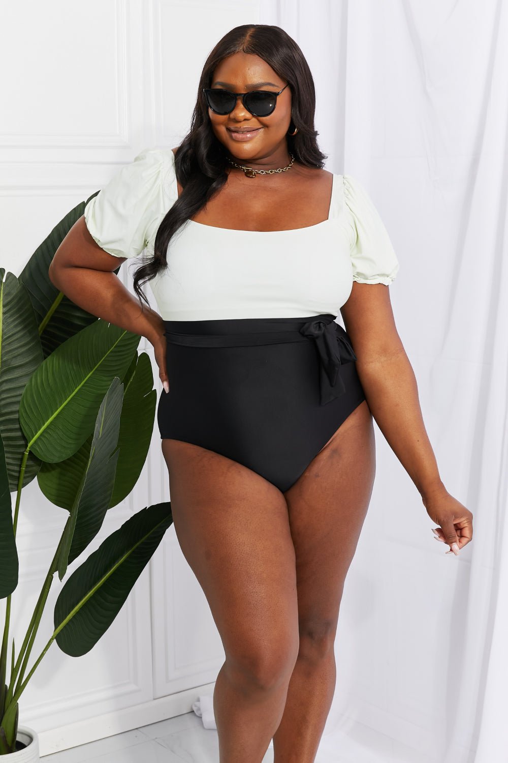 Marina West SwimPuff Sleeve One - Piece Swimsuit in Cream Black