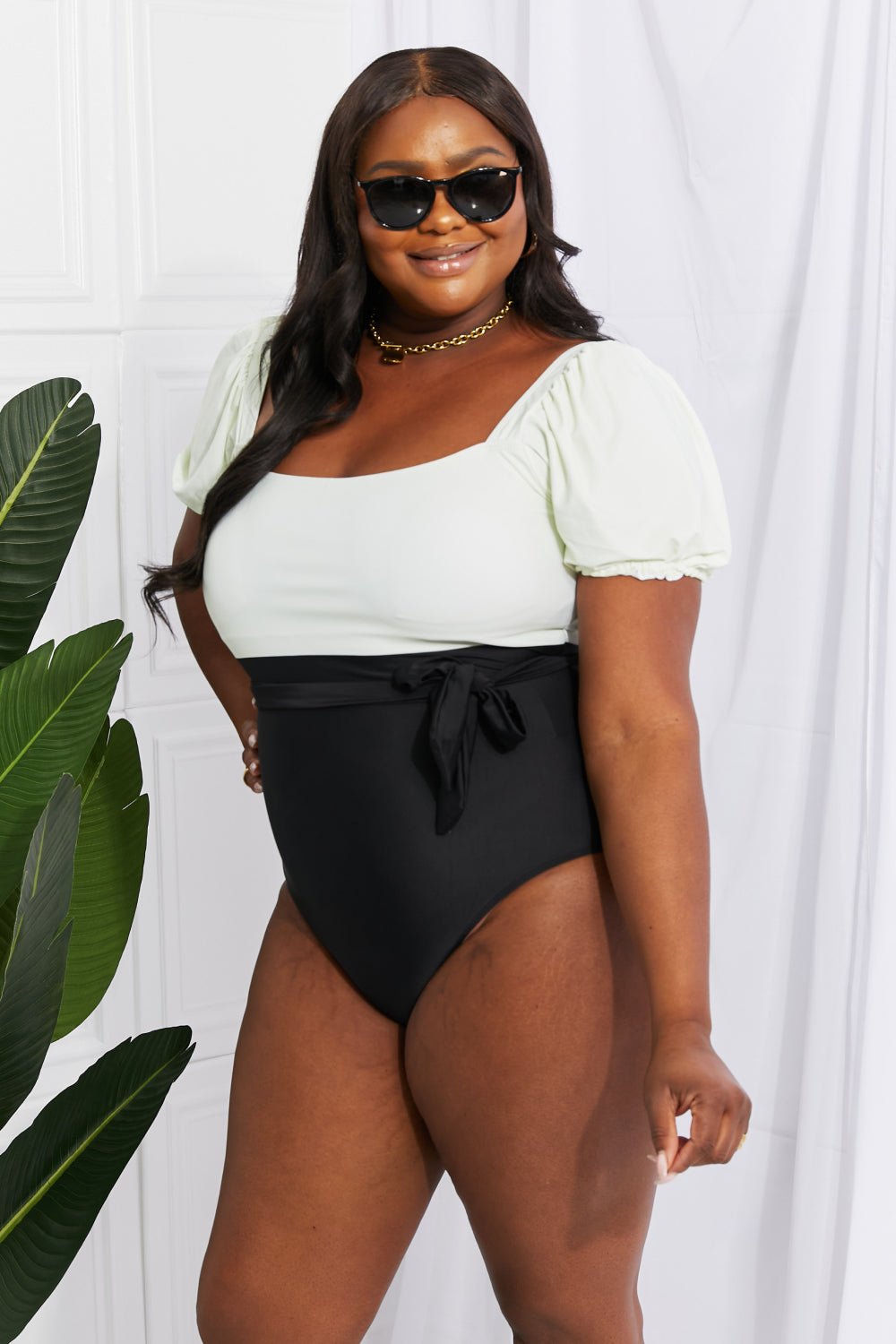 Marina West SwimPuff Sleeve One - Piece Swimsuit in Cream Black