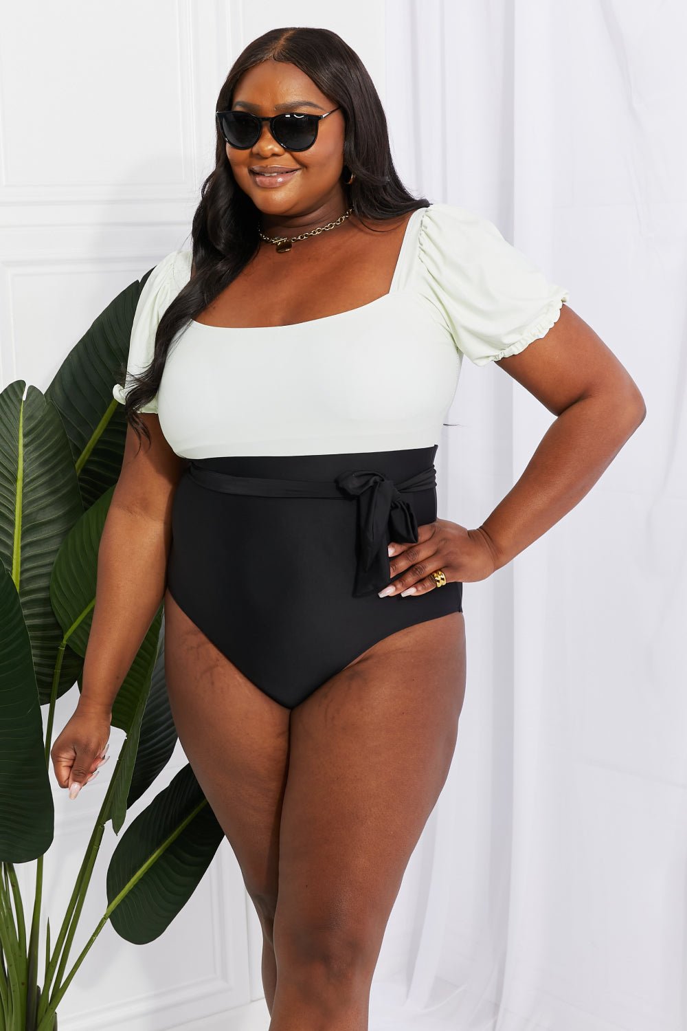 Marina West SwimPuff Sleeve One - Piece Swimsuit in Cream Black