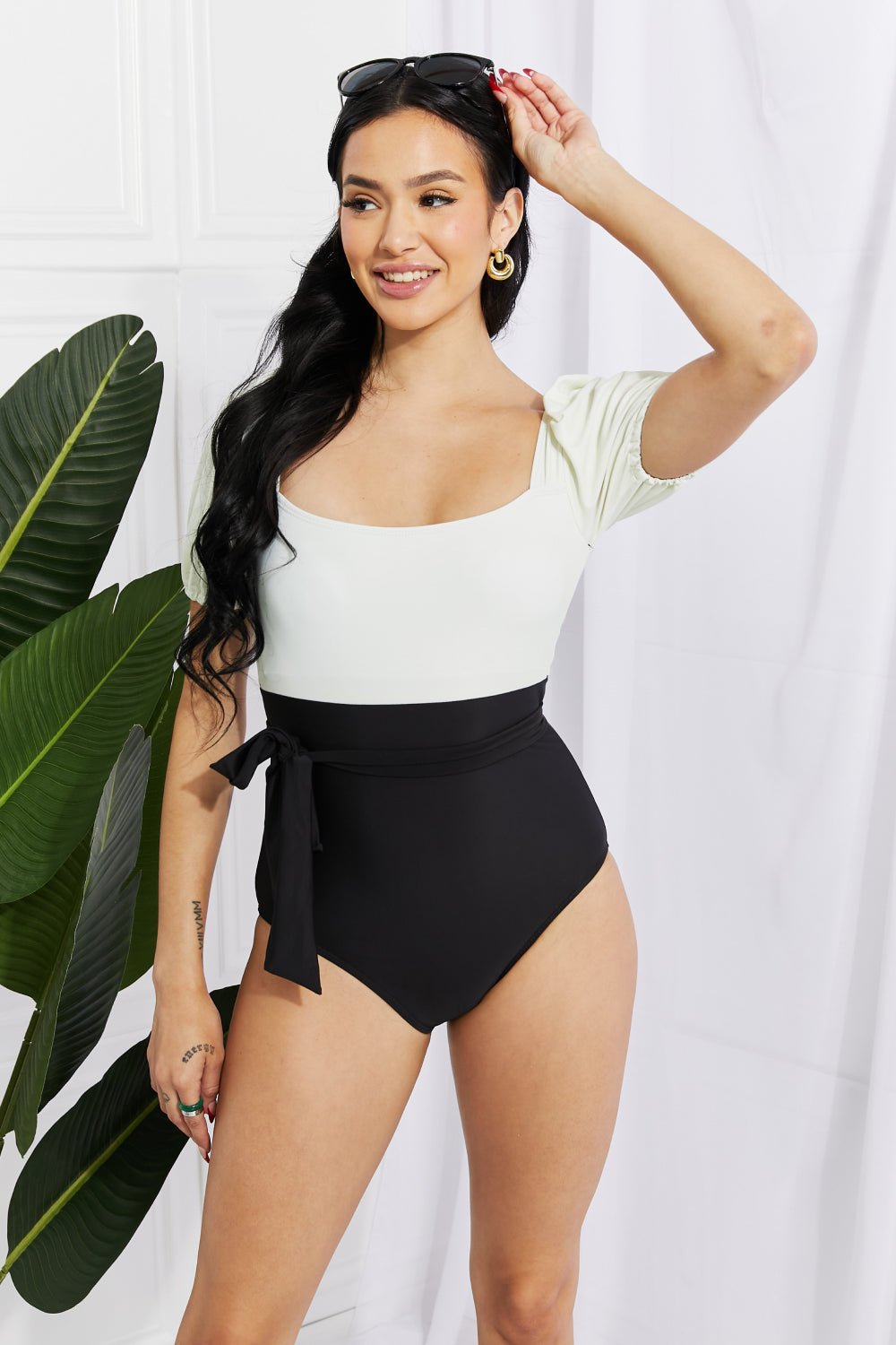 Marina West SwimPuff Sleeve One - Piece Swimsuit in Cream Black