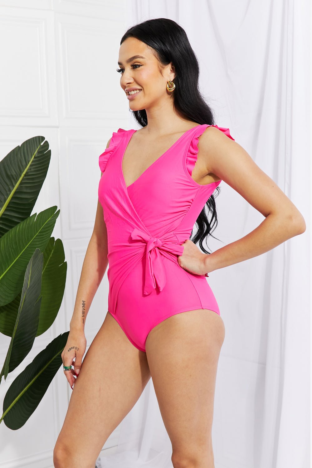 Marina West SwimRuffle Faux Wrap One - Piece Swimsuit in Hot Pink