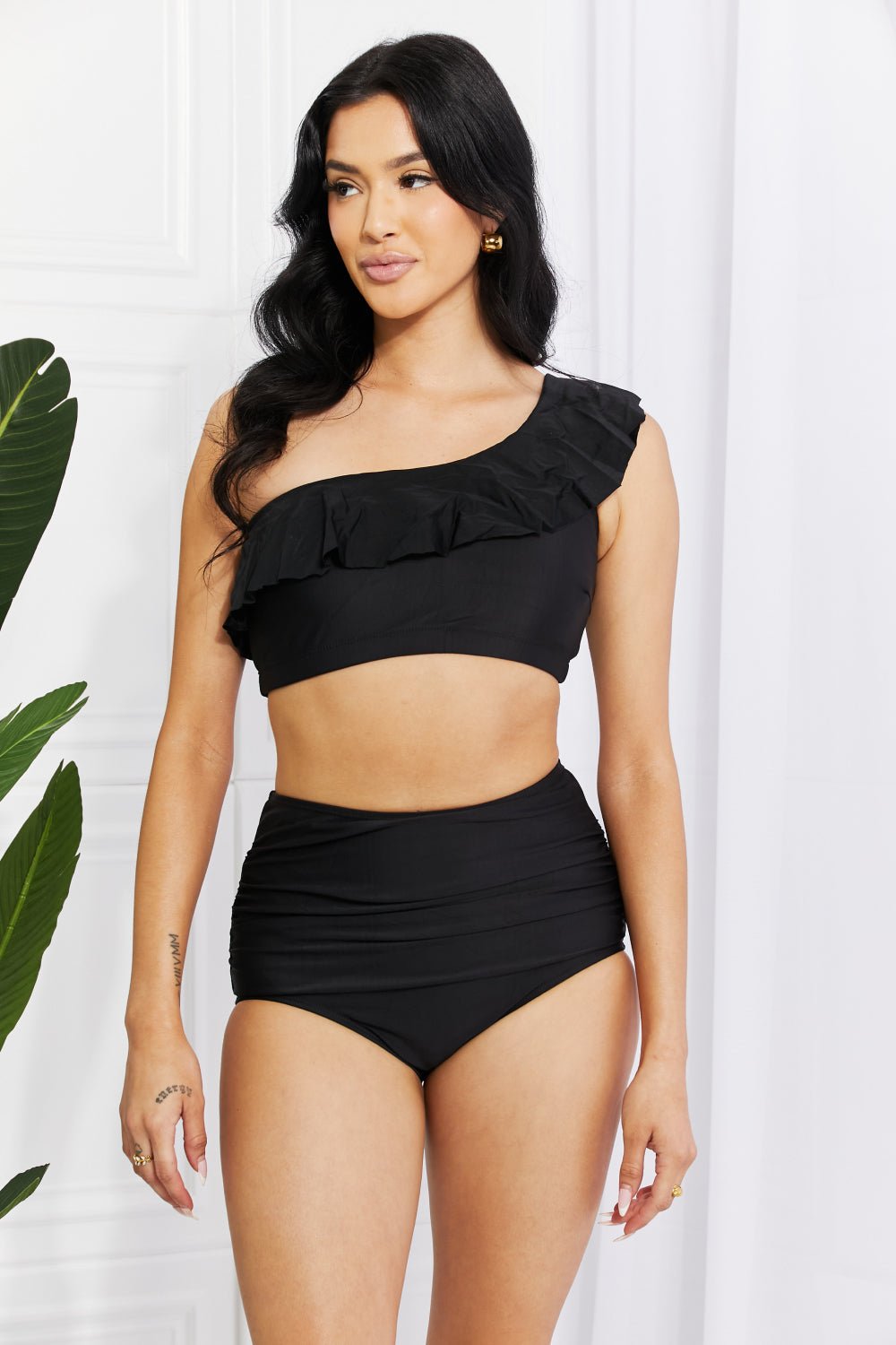 Marina West SwimRuffle One - Shoulder Bikini in Black