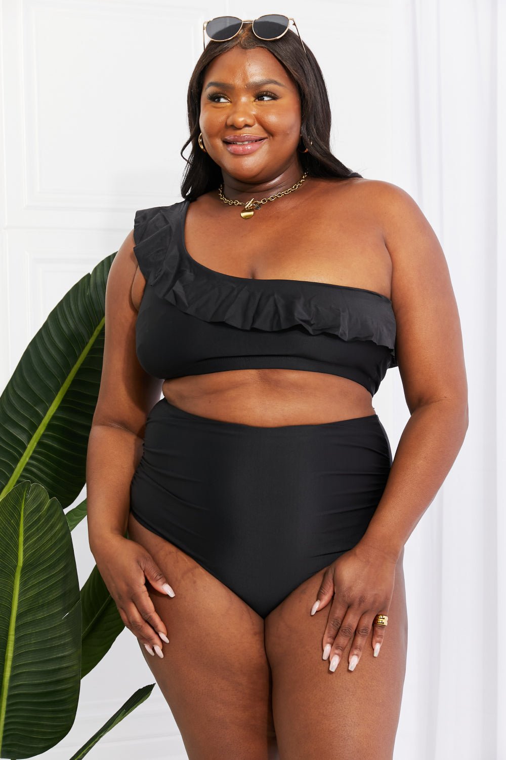 Marina West SwimRuffle One - Shoulder Bikini in Black