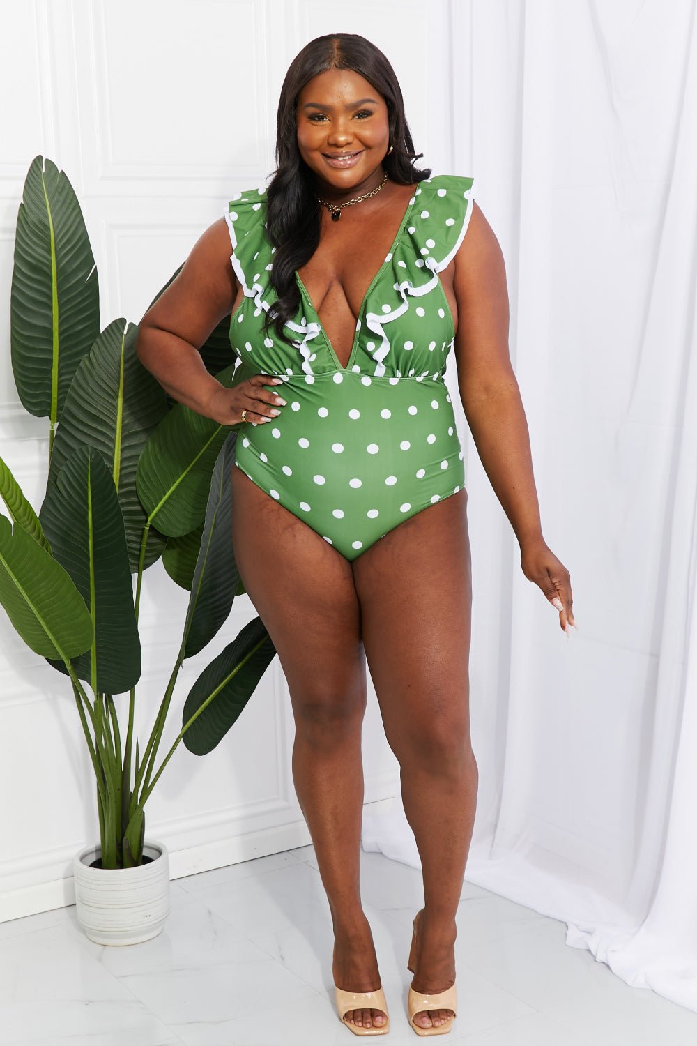 Marina West SwimRuffle Plunge Polka Dot Swimsuit in Green