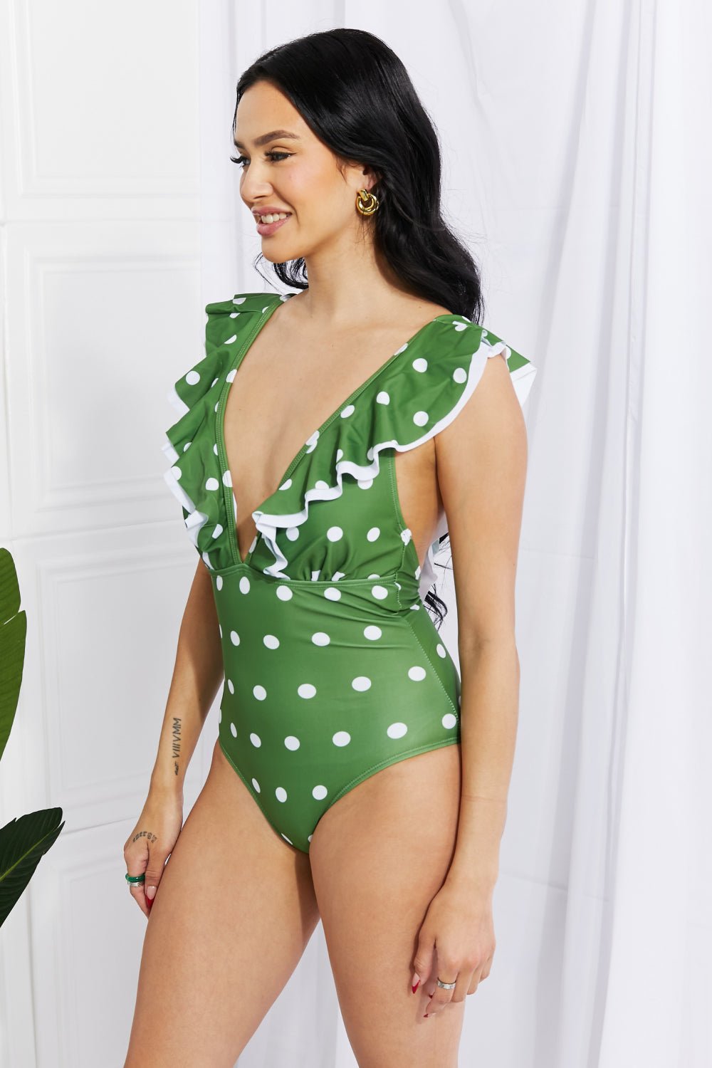 Marina West SwimRuffle Plunge Polka Dot Swimsuit in Green