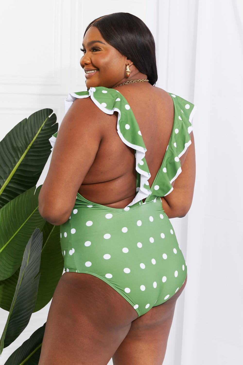 Marina West SwimRuffle Plunge Polka Dot Swimsuit in Green