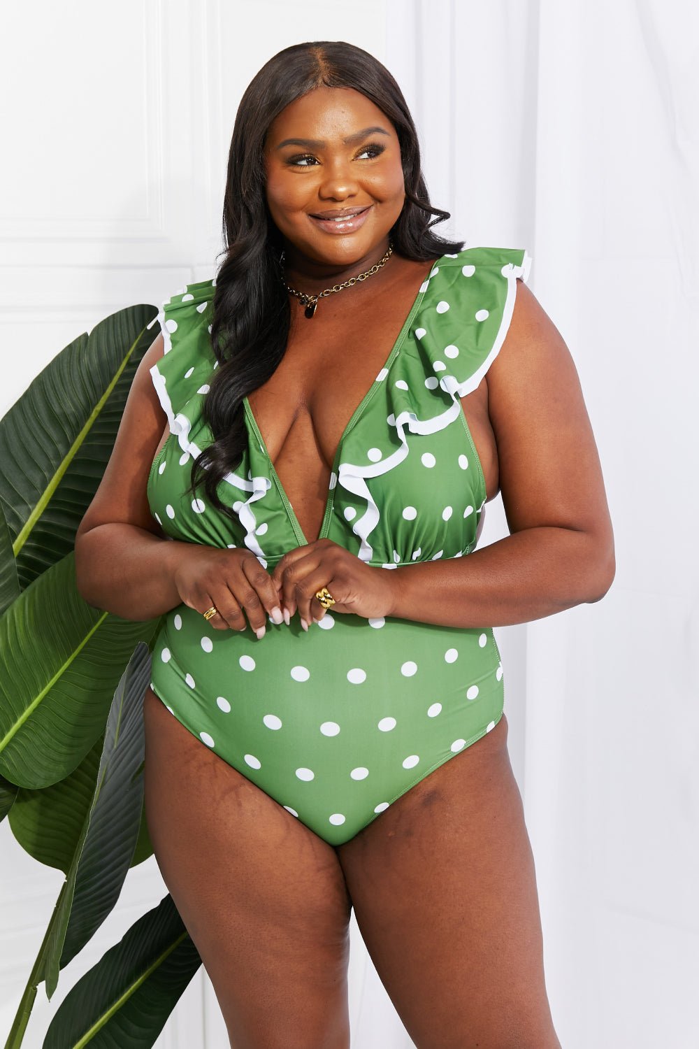 Marina West SwimRuffle Plunge Polka Dot Swimsuit in Green