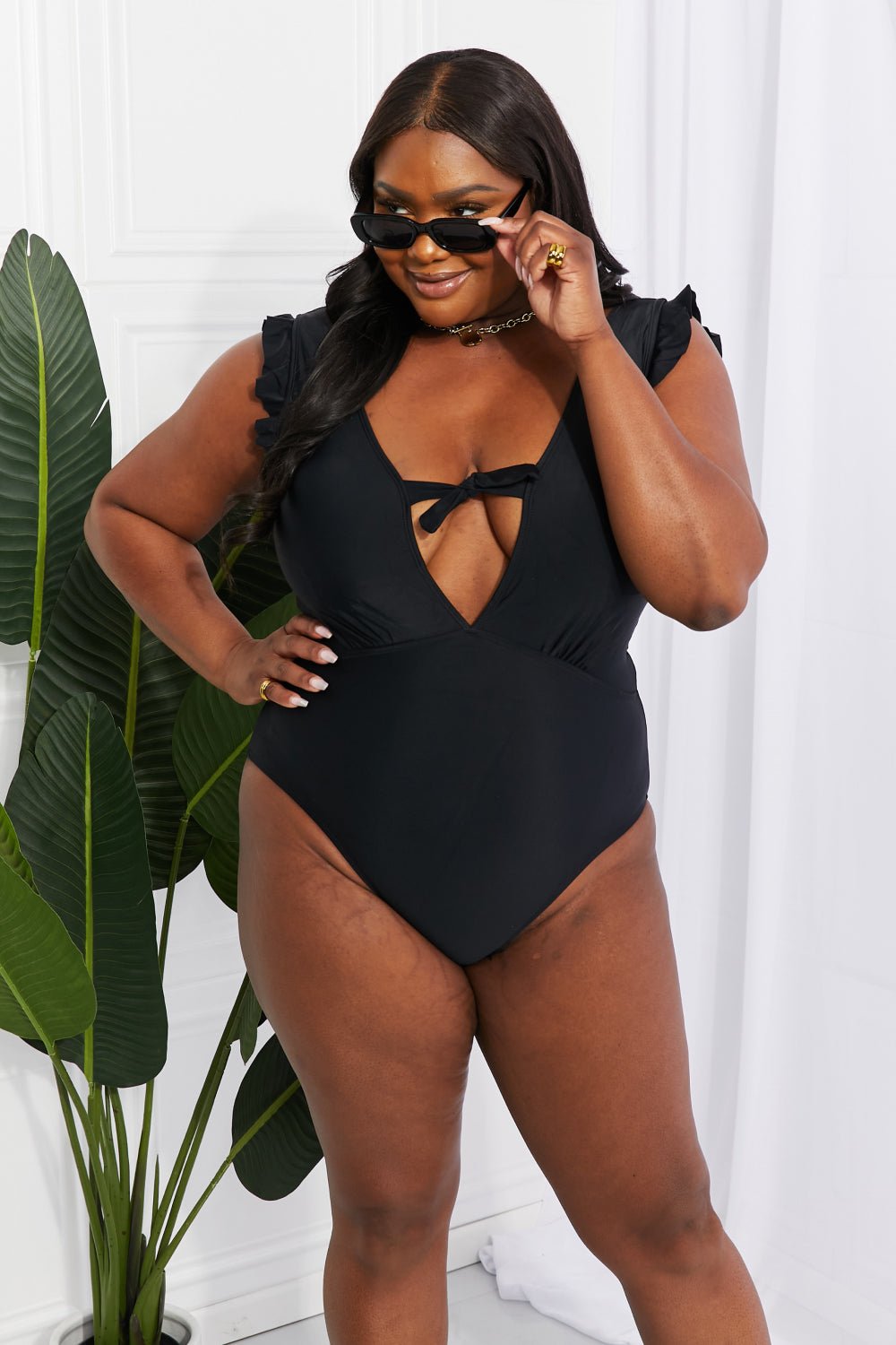 Marina West SwimRuffle Sleeve One - Piece Swimsuit in Black