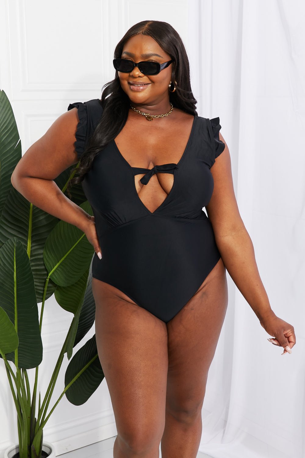 Marina West SwimRuffle Sleeve One - Piece Swimsuit in Black