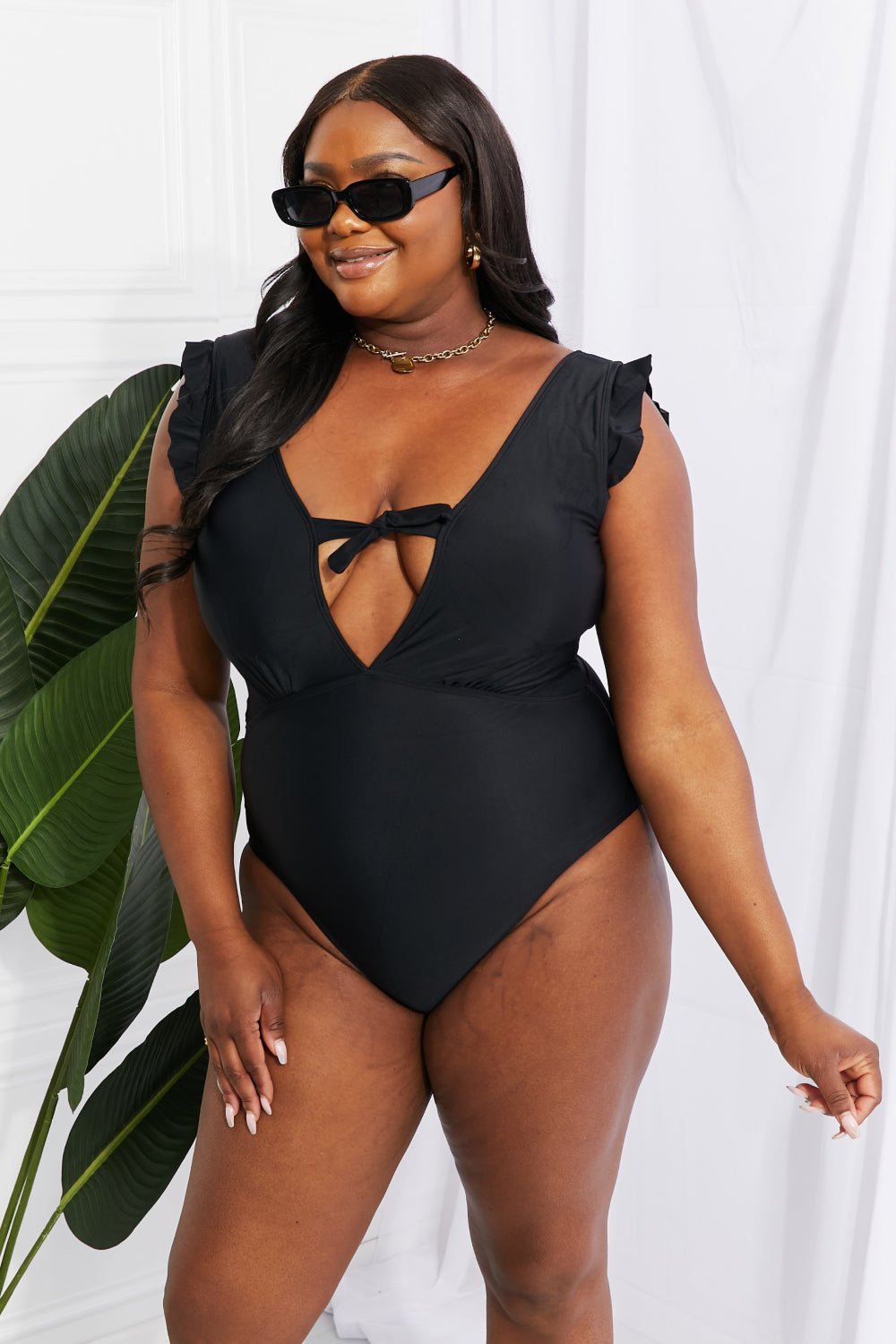 Marina West SwimRuffle Sleeve One - Piece Swimsuit in Black