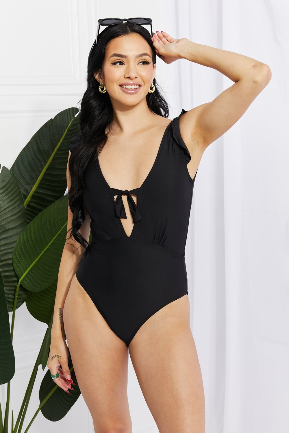 Marina West SwimRuffle Sleeve One - Piece Swimsuit in Black