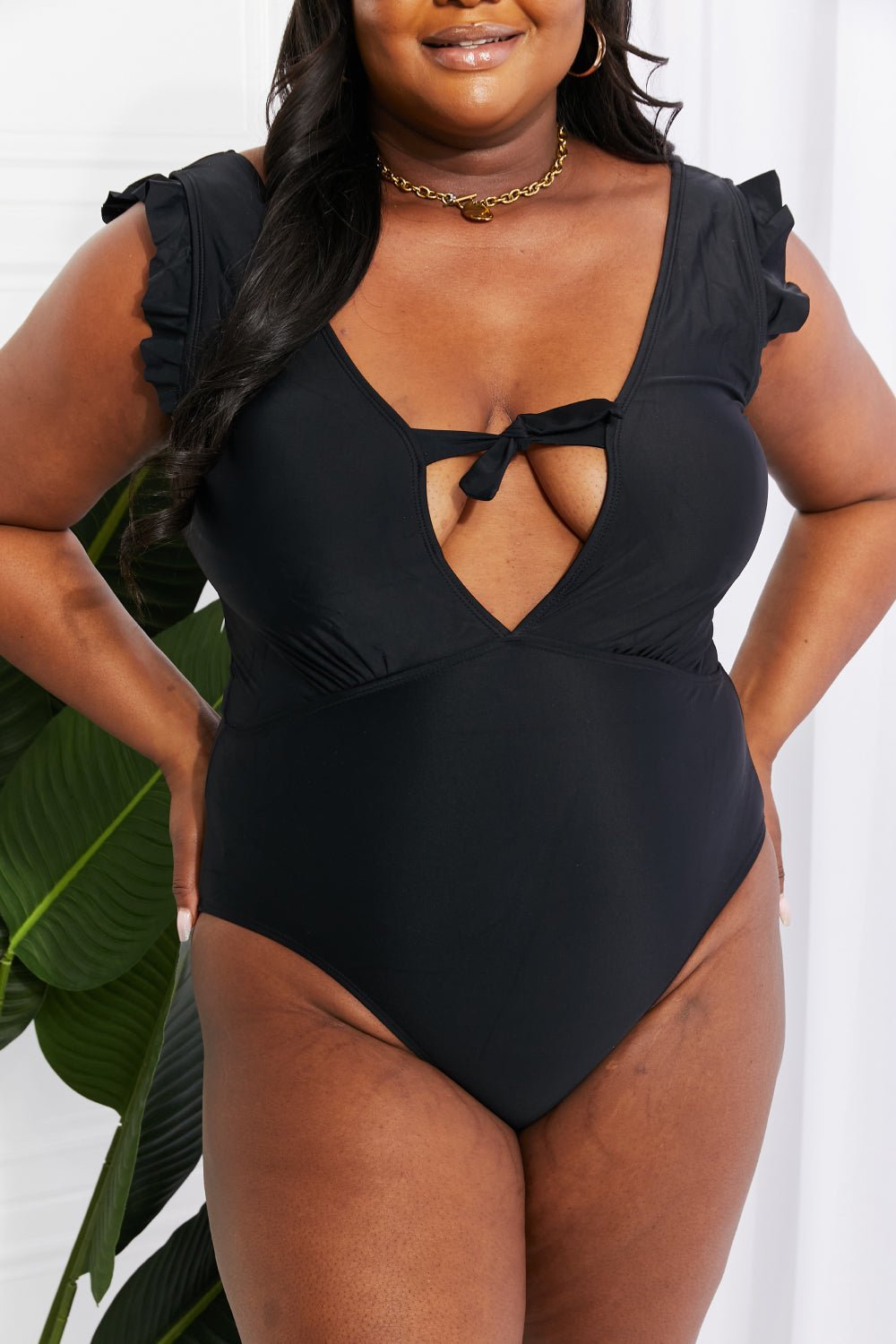 Marina West SwimRuffle Sleeve One - Piece Swimsuit in Black