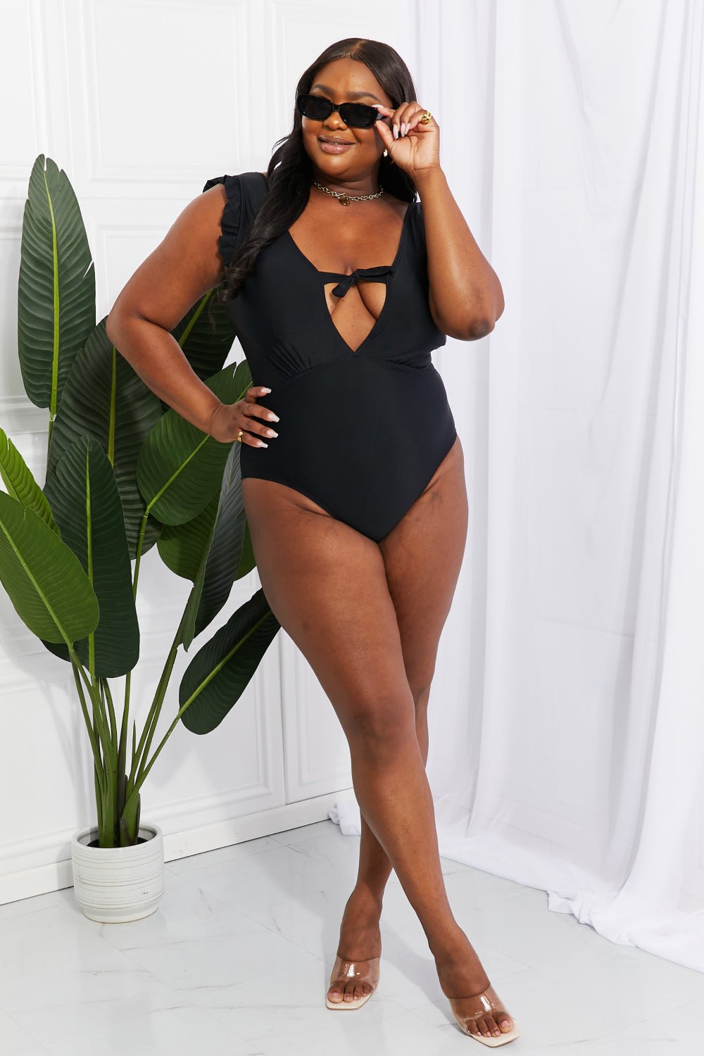 Marina West SwimRuffle Sleeve One - Piece Swimsuit in Black