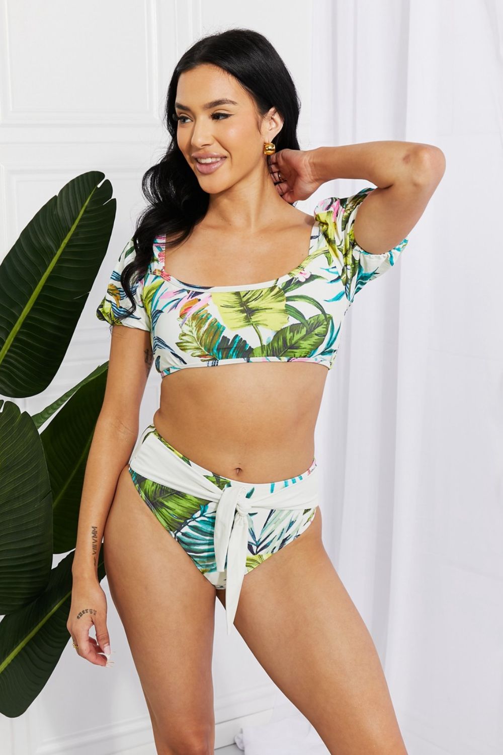 Marina West SwimTropical Floral Puff Sleeve Bikini in Cream