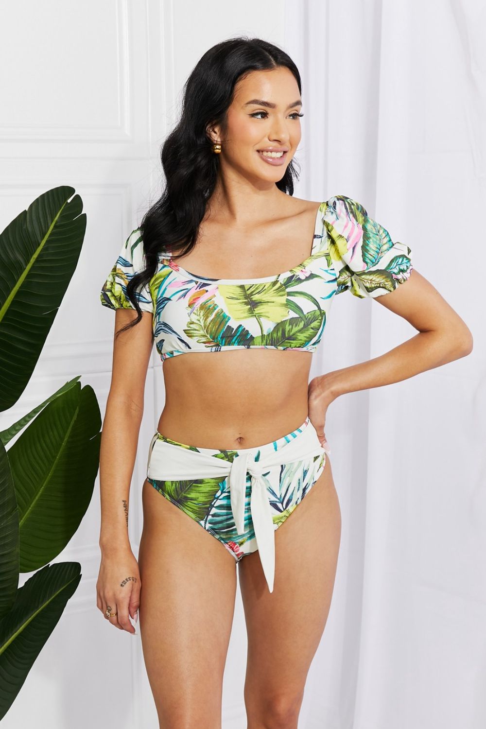 Marina West SwimTropical Floral Puff Sleeve Bikini in Cream