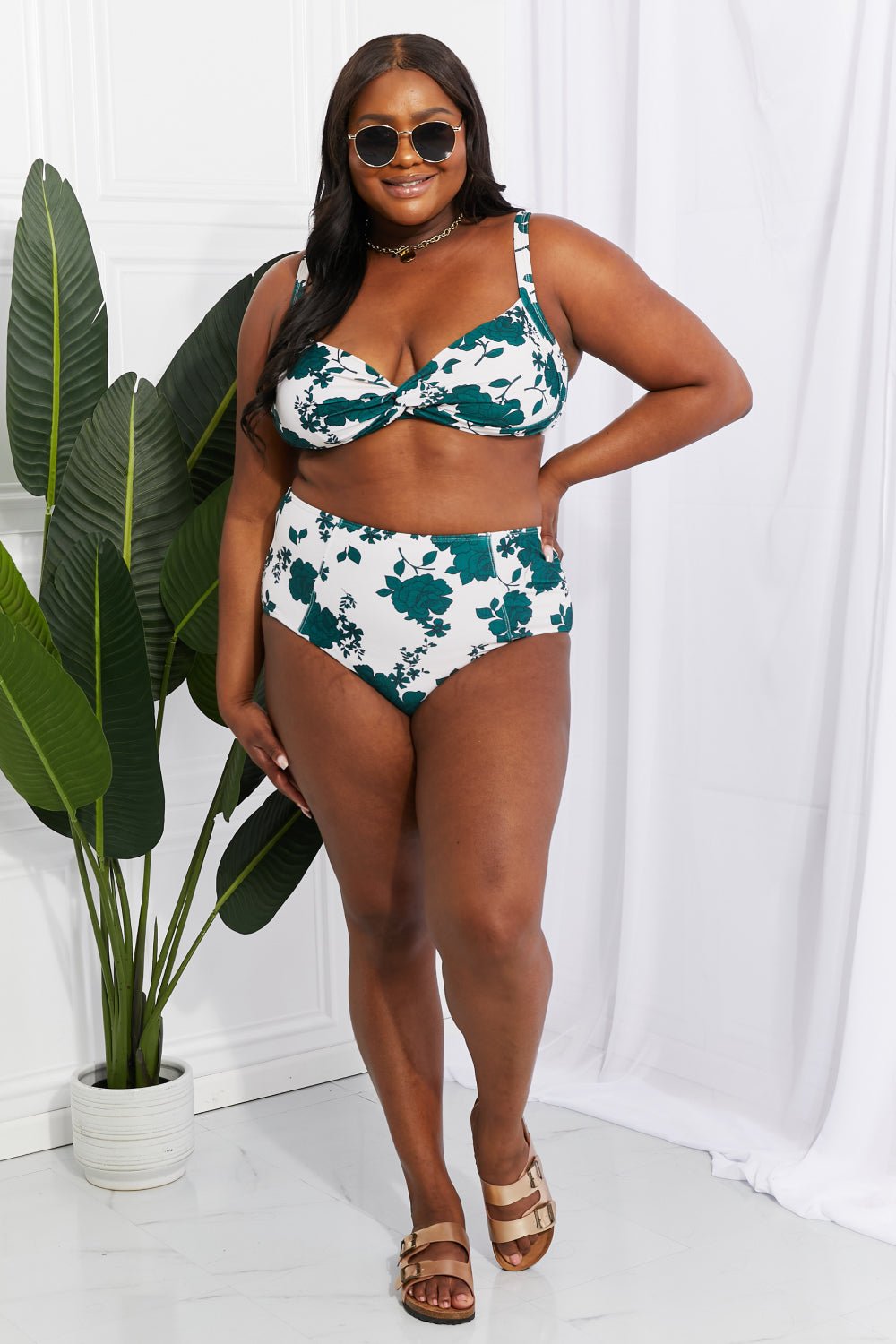 Marina West SwimTwisted Floral Print High - Rise Bikini in Forest