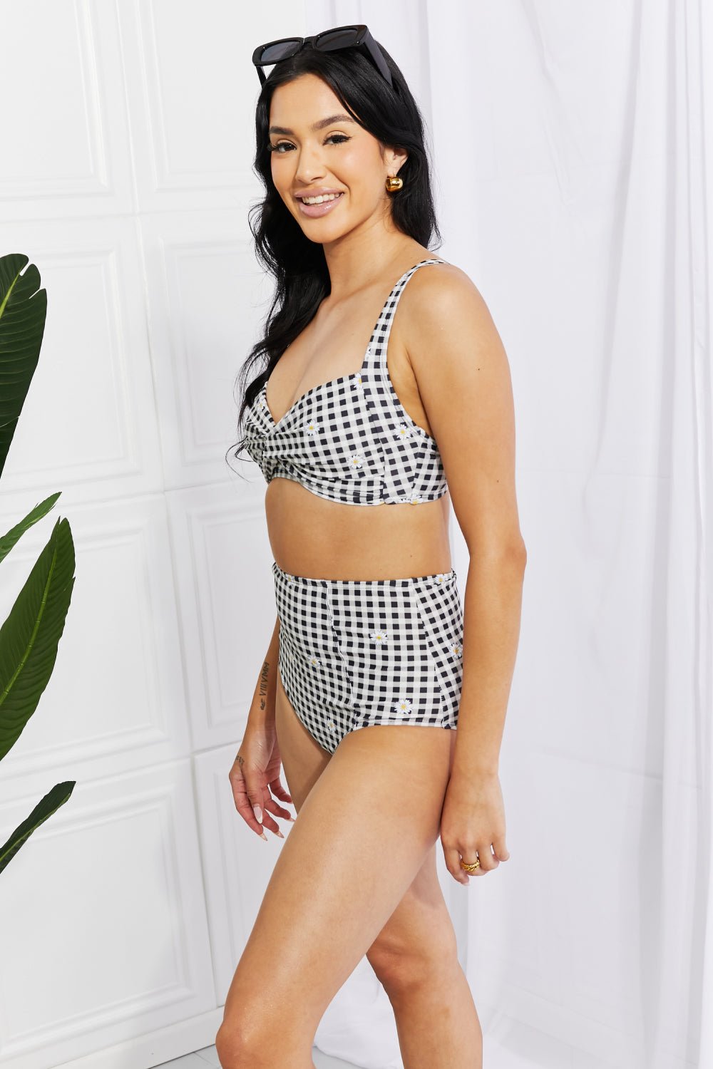 Marina West SwimTwisted Plaid High - Rise Bikini in Black White