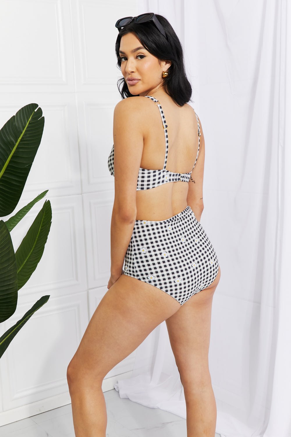 Marina West SwimTwisted Plaid High - Rise Bikini in Black White