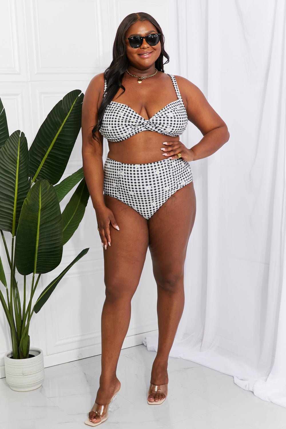 Marina West SwimTwisted Plaid High - Rise Bikini in Black White