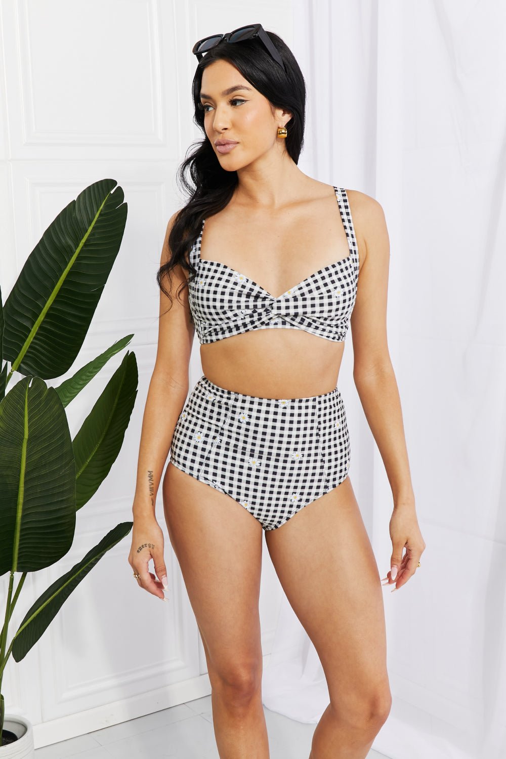 Marina West SwimTwisted Plaid High - Rise Bikini in Black White