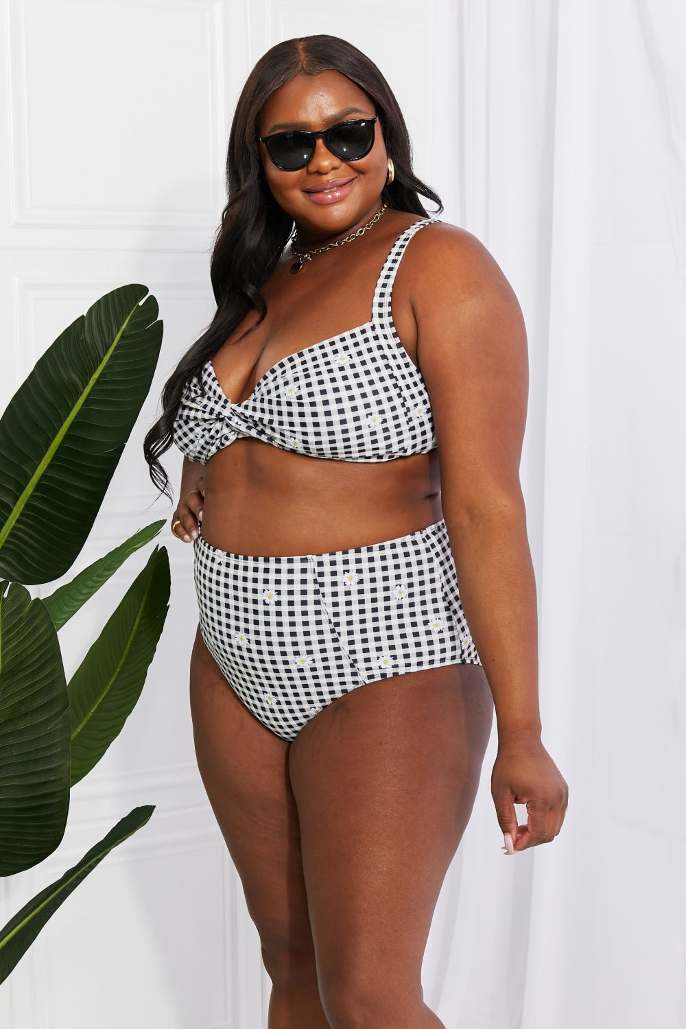 Marina West SwimTwisted Plaid High - Rise Bikini in Black White