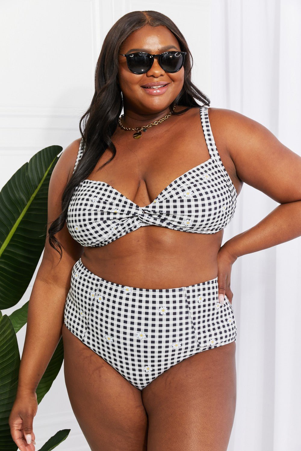 Marina West SwimTwisted Plaid High - Rise Bikini in Black White