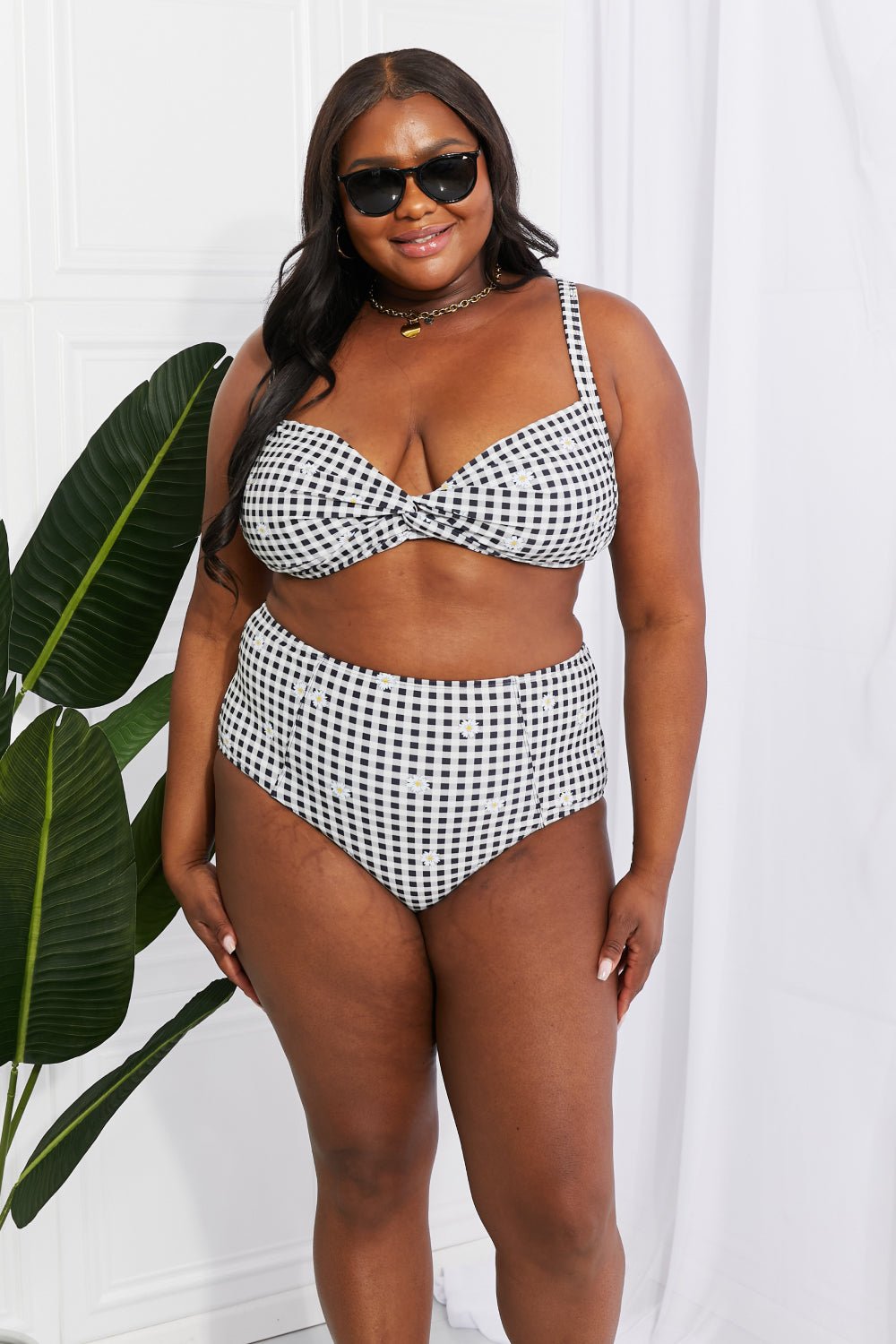 Marina West SwimTwisted Plaid High - Rise Bikini in Black White