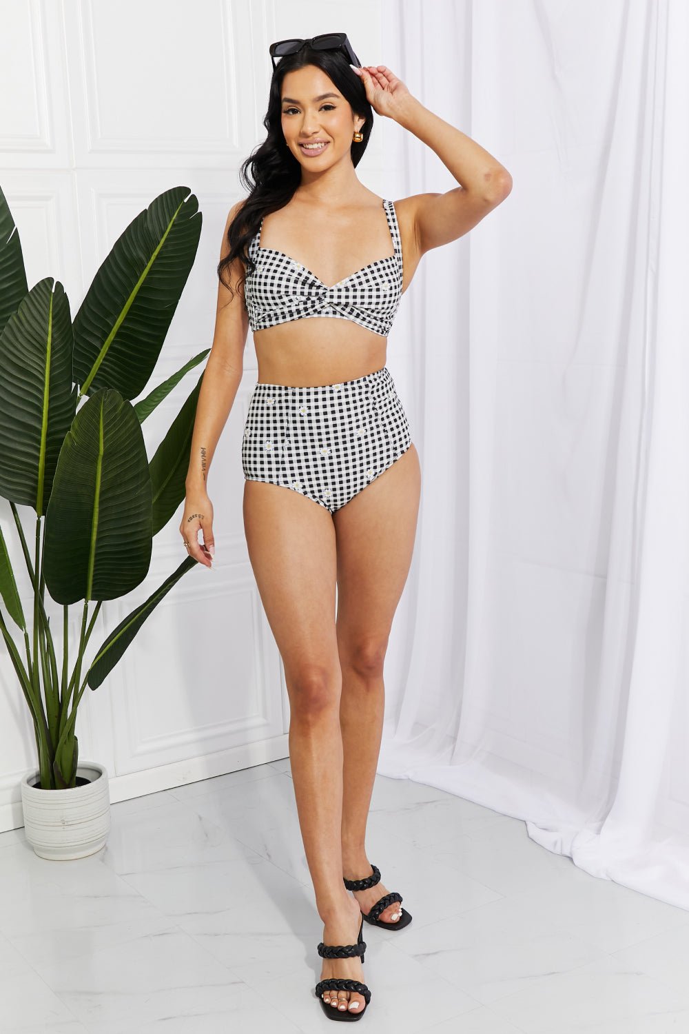 Marina West SwimTwisted Plaid High - Rise Bikini in Black White