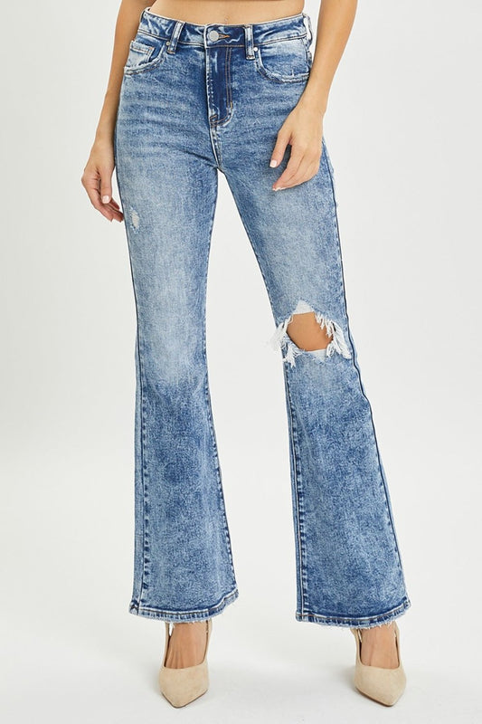 Medium Acid Wash High Rise Distressed Flare JeansJeansRISEN
