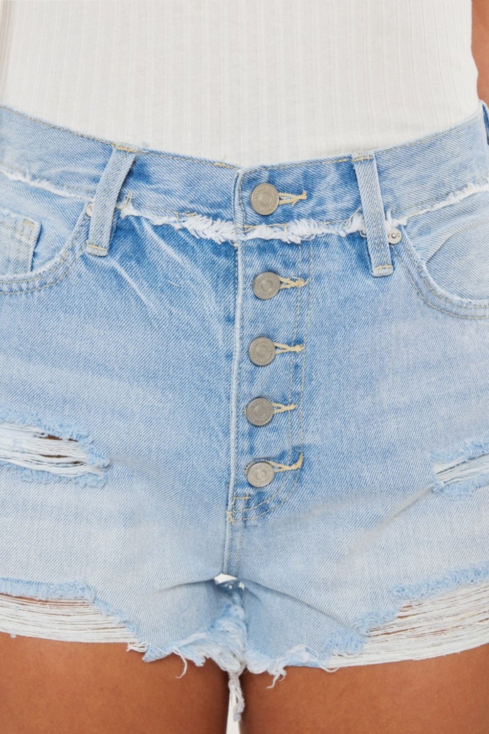 Medium Wash Distressed Button Fly Denim ShortsShortsKancan