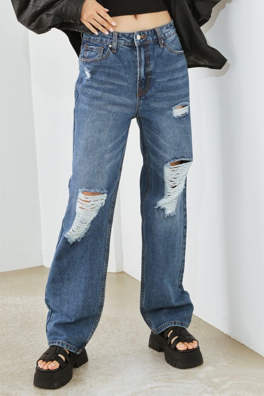Medium Wash Distressed High Waist JeansJeansTASHA